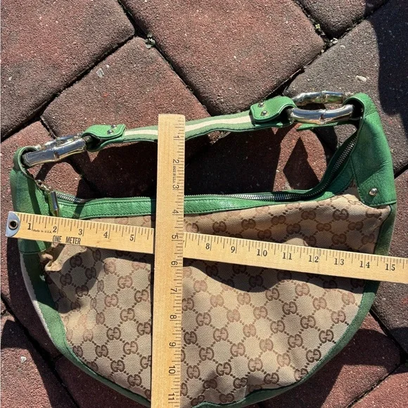 Vintage Gucci Shoulder Bag GG Pattern Bamboo 131036 Beige Brown Green Leather - Picture 16 of 16